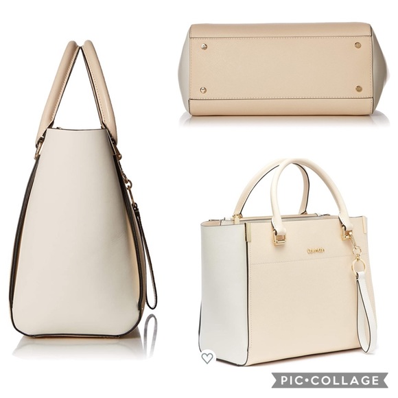 NWT CALVIN KLEIN Leather Bag Raelynn Beige Satchel - Picture 2 of 7